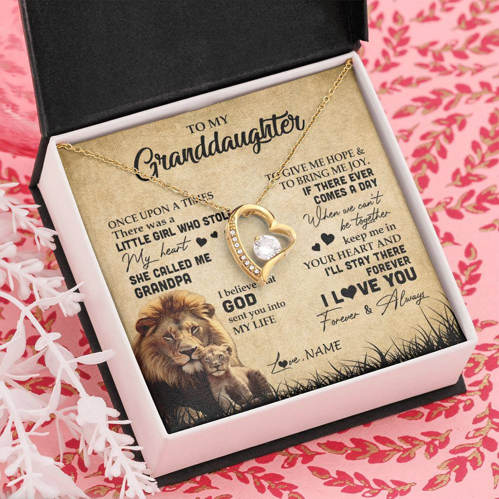 Forever Love Necklace 18K Yellow Gold Finish | Personalized To My Granddaughter Lion Necklace From Grandpa I'll Stay There Forever Grandchild Birthday Graduation Christmas Customized Gift Box Message Card | siriusteestore