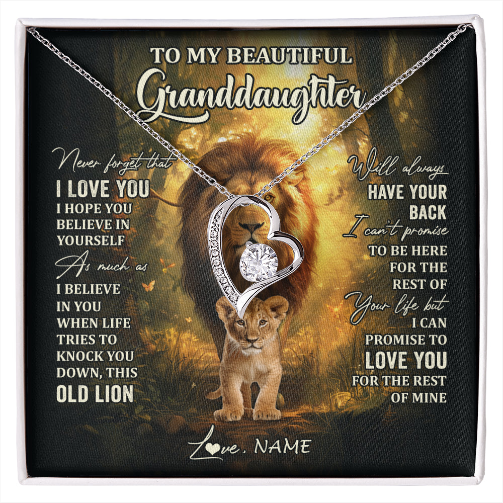 Forever Love Necklace 14K White Gold Finish | 1 | Personalized To My Granddaughter Lion Necklace From Grandpa Never Forget That I Love You Granddaughter Birthday Christmas Customized Gift Box Message Card | siriusteestore