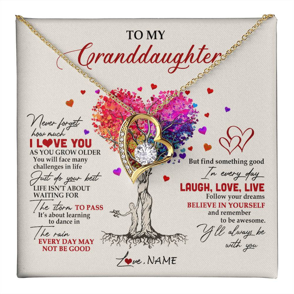 Forever Love Necklace 18K Yellow Gold Finish | 1 | Personalized To My Granddaughter Necklace From Grandma Colorful Tree Never Forget I Love You Granddaughter Birthday Christmas Customized Gift Box Message Card | siriusteestore