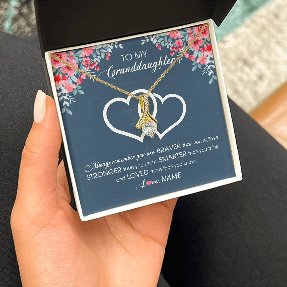 Alluring Beauty Necklace 18K Yellow Gold Finish | Personalized To My Granddaughter Necklace From Grandma Grandpa Braver Stronger Smarter Loved Granddaughter Jewelry Birthday Christmas Customized Message Card | siriusteestore