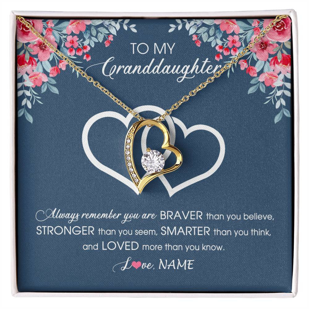 Forever Love Necklace 18K Yellow Gold Finish | Personalized To My Granddaughter Necklace From Grandma Grandpa Braver Stronger Smarter Loved Granddaughter Jewelry Birthday Christmas Customized Message Card | siriusteestore
