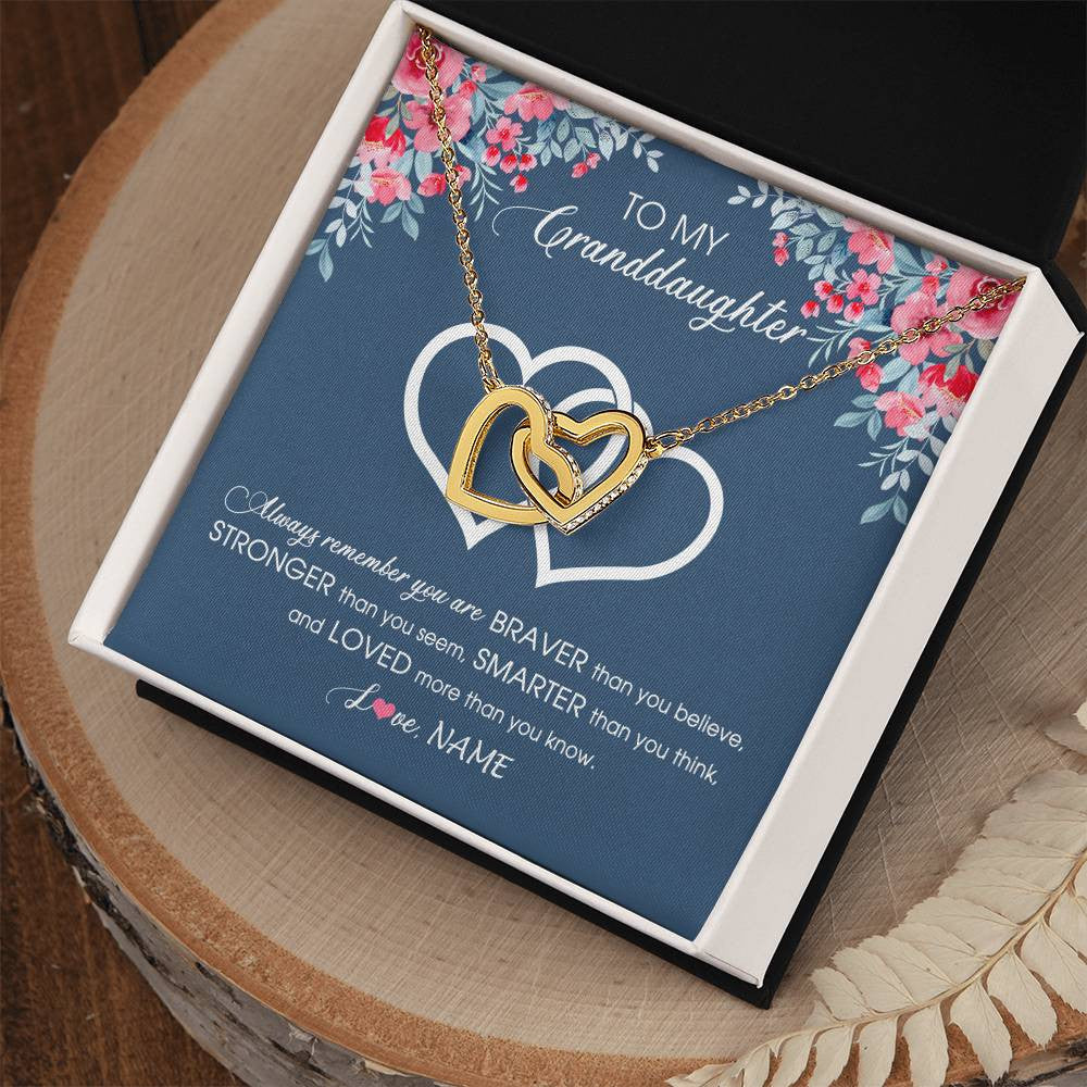 Interlocking Hearts Necklace 18K Yellow Gold Finish | Personalized To My Granddaughter Necklace From Grandma Grandpa Braver Stronger Smarter Loved Granddaughter Jewelry Birthday Christmas Customized Message Card | siriusteestore