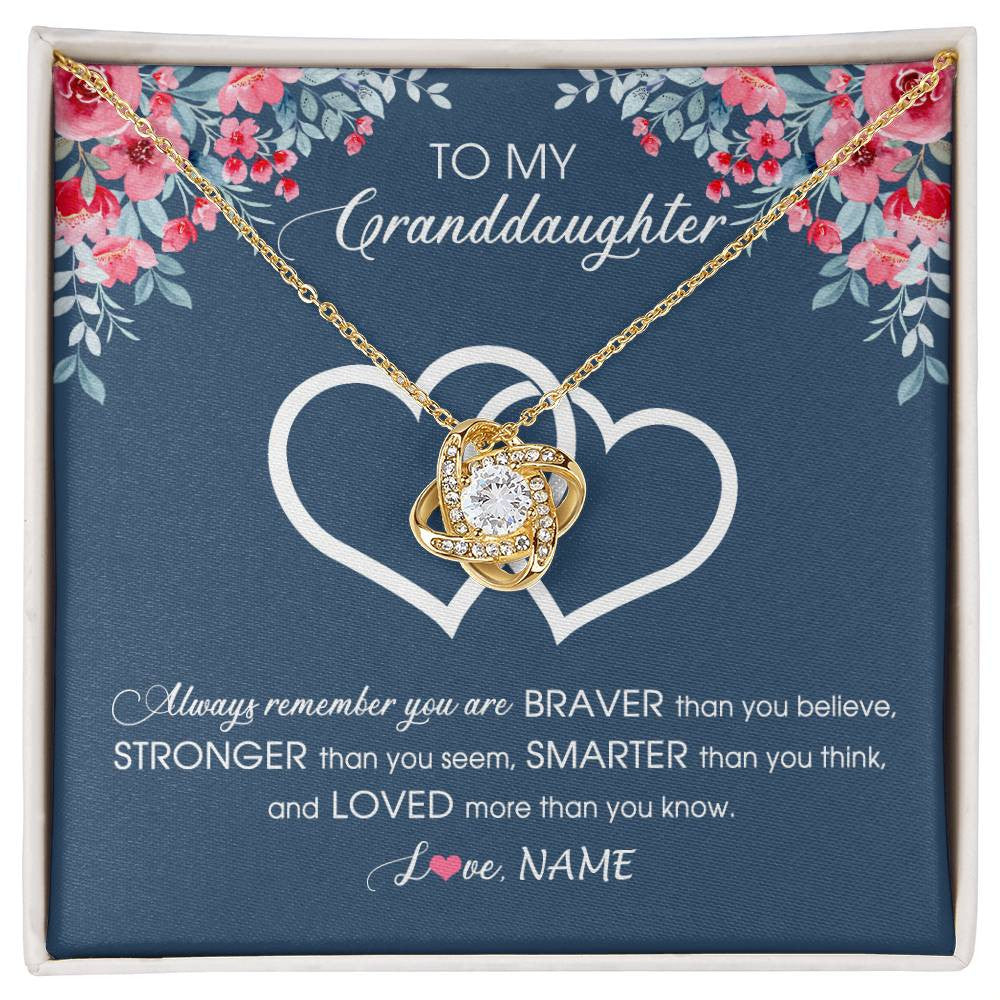 Love Knot Necklace 18K Yellow Gold Finish | Personalized To My Granddaughter Necklace From Grandma Grandpa Braver Stronger Smarter Loved Granddaughter Jewelry Birthday Christmas Customized Message Card | siriusteestore