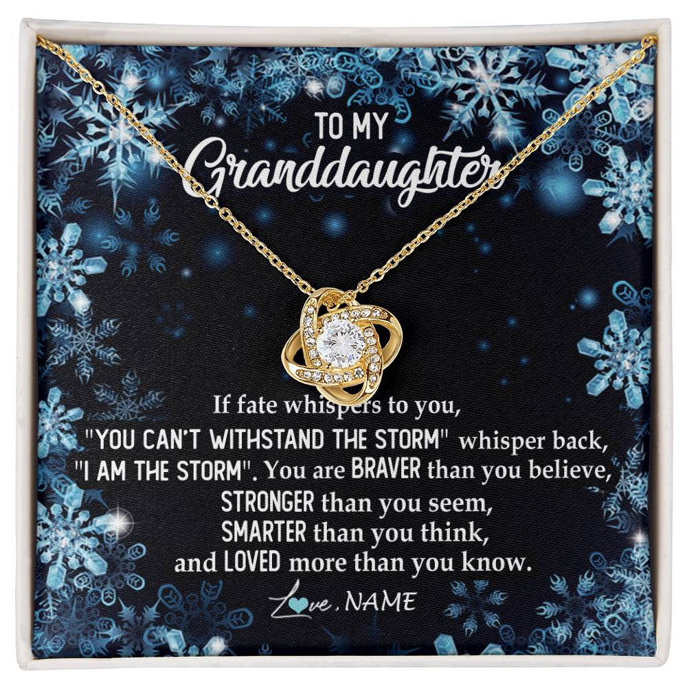 Love Knot Necklace 18K Yellow Gold Finish | Personalized To My Granddaughter Necklace From Grandma Grandpa Whisper Back I Am The Storm Granddaughter Jewelry Birthday Christmas Customized Message Card | siriusteestore