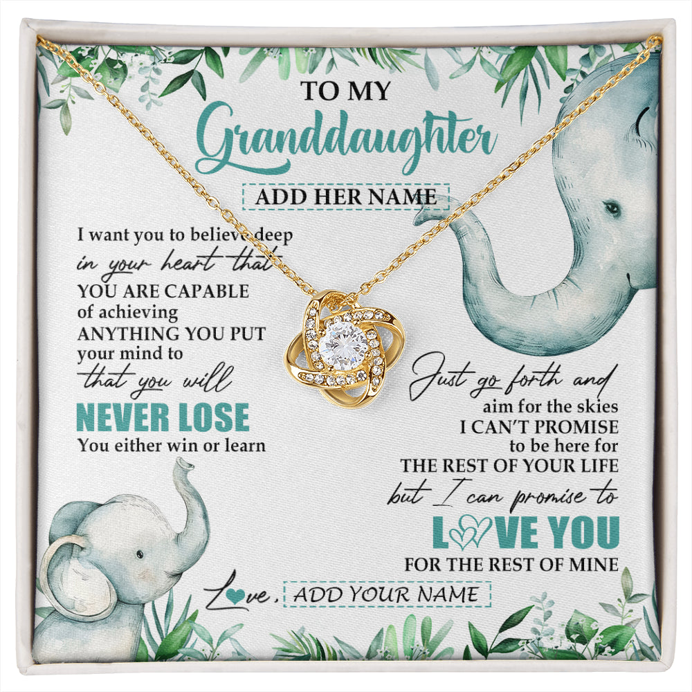 Love Knot Necklace 18K Yellow Gold Finish | 1 | Personalized To My Granddaughter Necklace From Grandma Grandpa You Will Never Lose Elephant Granddaughter Birthday Gifts Christmas Custom Gift Box Message Card | siriusteestore