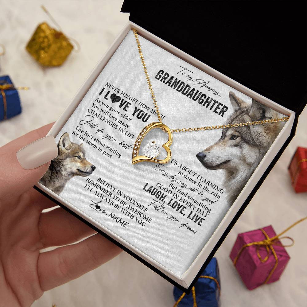 Forever Love Necklace 18K Yellow Gold Finish | 2 | Personalized To My Granddaughter Necklace From Grandma Just Do You Best Laugh Love Live Wolf Granddaughter Birthday Christmas Customized Gift Box Message Card | siriusteestore