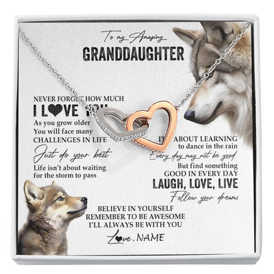 Interlocking Hearts Necklace Stainless Steel & Rose Gold Finish | 1 | Personalized To My Granddaughter Necklace From Grandma Just Do You Best Laugh Love Live Wolf Granddaughter Birthday Christmas Customized Gift Box Message Card | siriusteestore