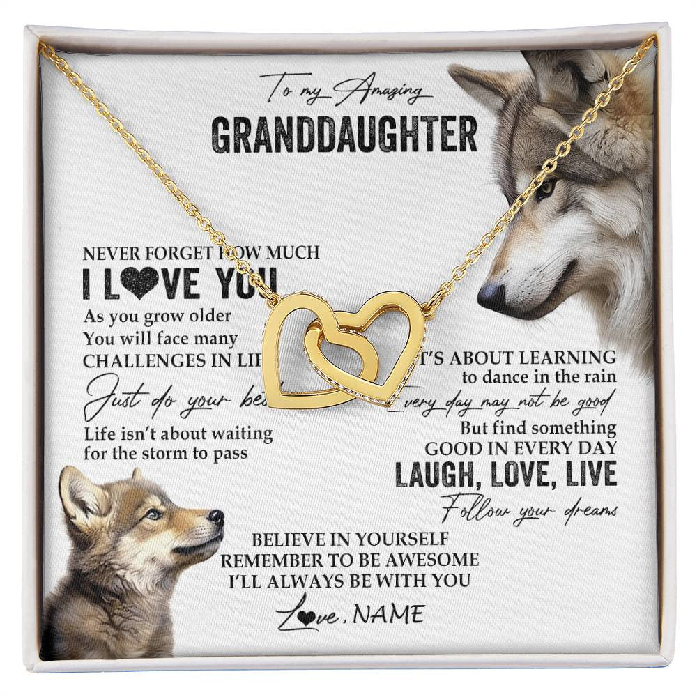 Interlocking Hearts Necklace 18K Yellow Gold Finish | 1 | Personalized To My Granddaughter Necklace From Grandma Just Do You Best Laugh Love Live Wolf Granddaughter Birthday Christmas Customized Gift Box Message Card | siriusteestore