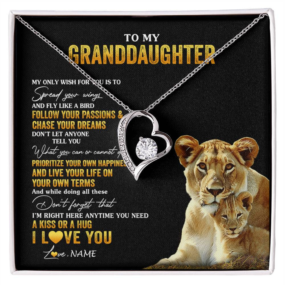 Forever Love Necklace 14K White Gold Finish | 1 | Personalized To My Granddaughter Necklace From Grandma Lion My Only Wish For You Granddaughter Birthday Christmas Customized Gift Box Message Card | siriusteestore