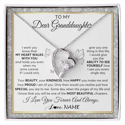 Forever Love Necklace 14K White Gold Finish | 1 | Personalized To My Granddaughter Necklace From Grandma My Heart Walks With You Granddaughter Birthday Gifts Jewelry Christmas Customized Gift Box Message Card | siriusteestore