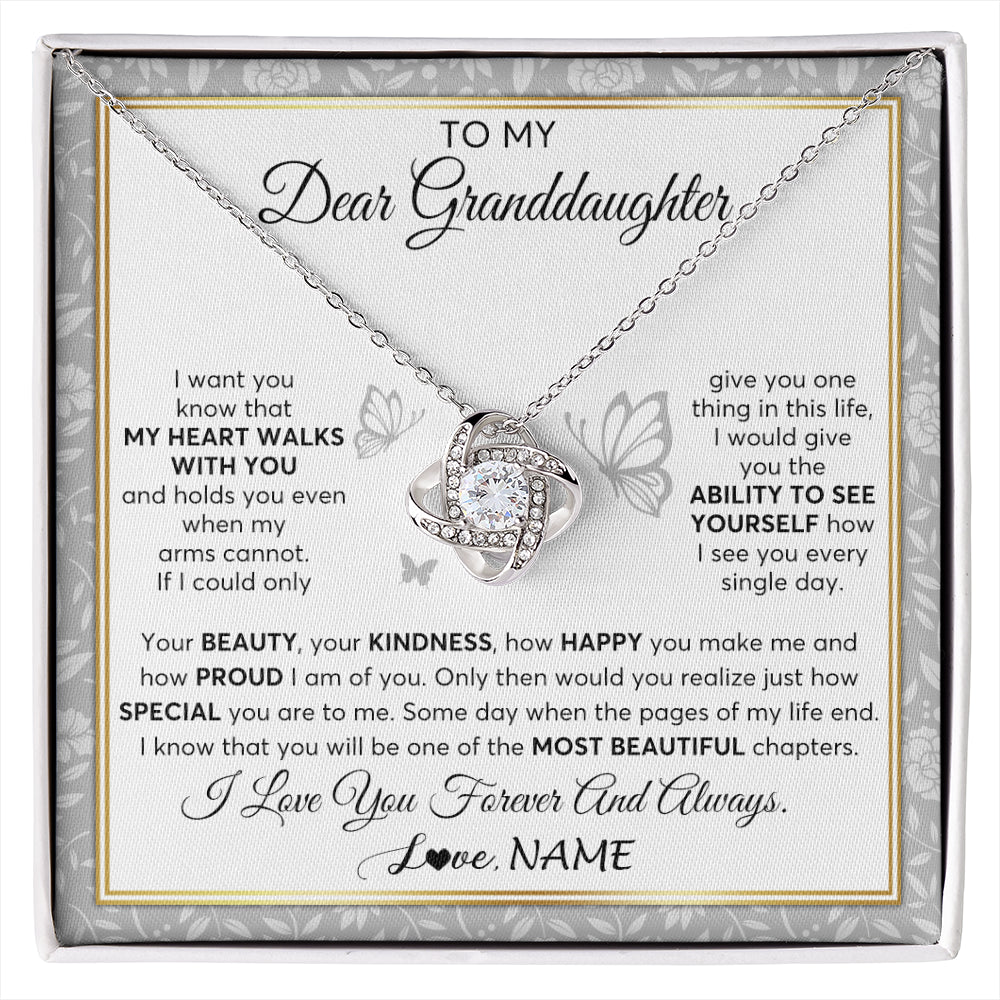 Love Knot Necklace 14K White Gold Finish | 1 | Personalized To My Granddaughter Necklace From Grandma My Heart Walks With You Granddaughter Birthday Gifts Jewelry Christmas Customized Gift Box Message Card | siriusteestore