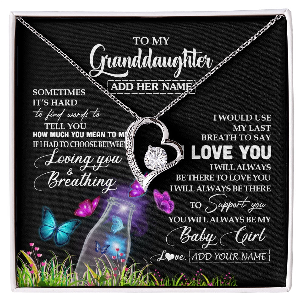 Forever Love Necklace 14K White Gold Finish | 1 | Personalized To My Granddaughter Necklace From Grandma Nana Butterfly Sometimes Say I Love You Granddaughter Birthday Gifts Christmas Gift Box Message Card | siriusteestore.myshopify