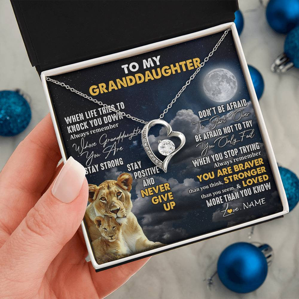 Forever Love Necklace 14K White Gold Finish | 2 | Personalized To My Granddaughter Necklace From Grandma Nana Lion Never Give Up Granddaughter Birthday Graduation Christmas Customized Gift Box Message Card | siriusteestore