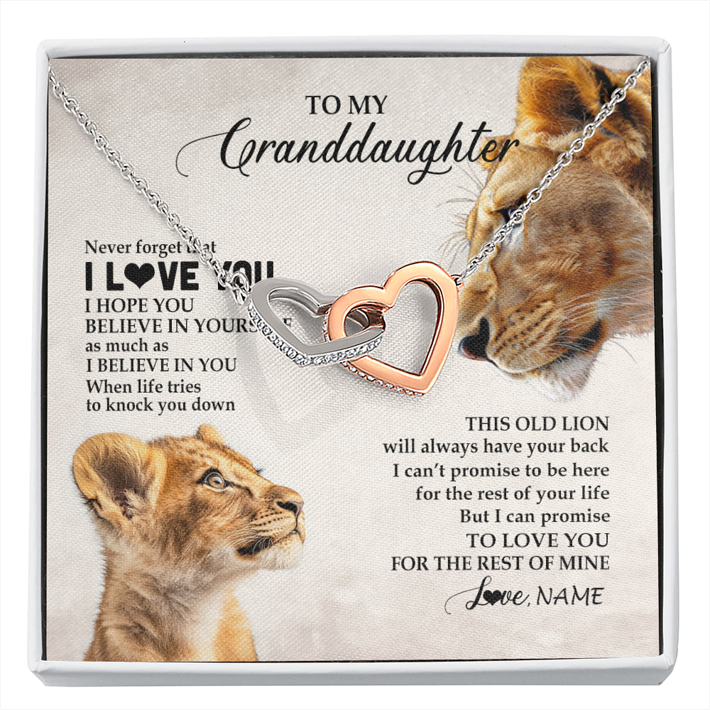 Interlocking Hearts Necklace Stainless Steel & Rose Gold Finish | 1 | Personalized To My Granddaughter Necklace From Grandma Nana Never Forget I Love You Lion Granddaughter Birthday Christmas Customized Message Card | siriusteestore