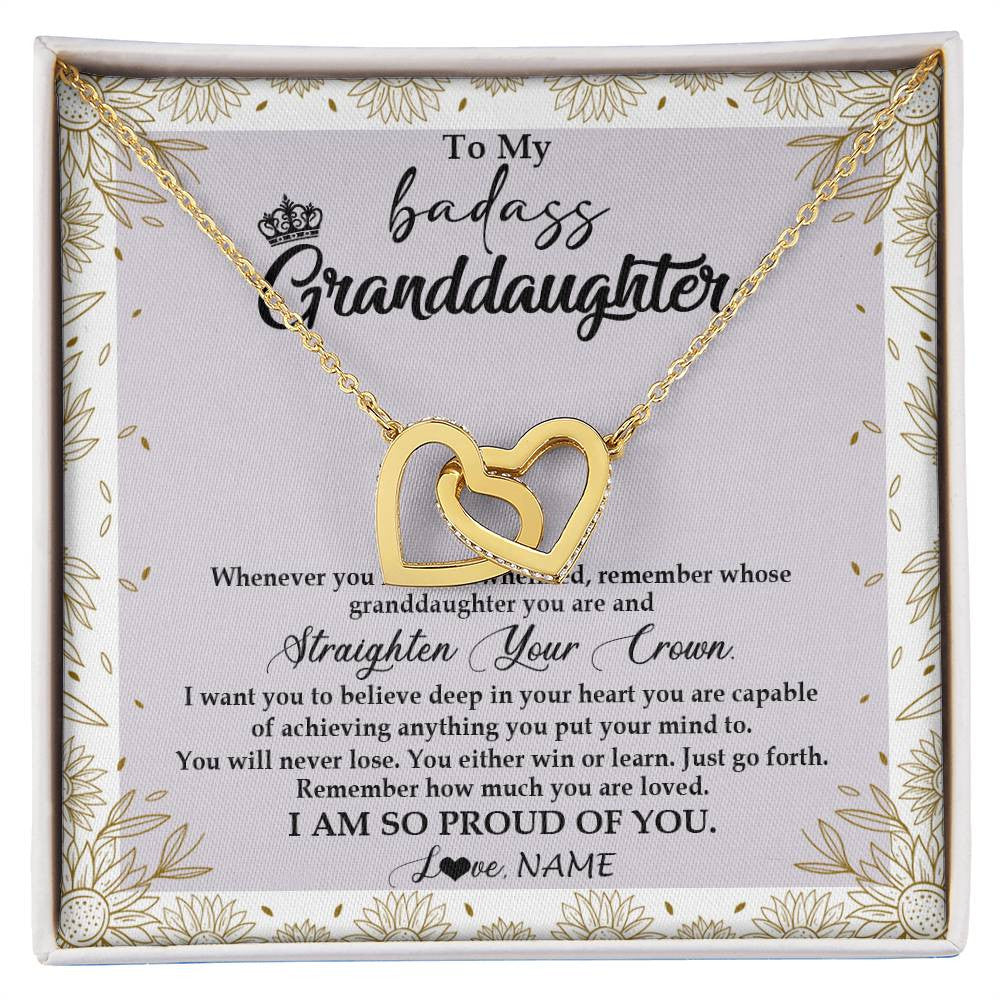 Interlocking Hearts Necklace 18K Yellow Gold Finish | Personalized To My Granddaughter Necklace From Grandma Nana Straighten Your Crown Granddaughter Birthday Graduation Christmas Customized Gift Box Message Card | siriusteestore