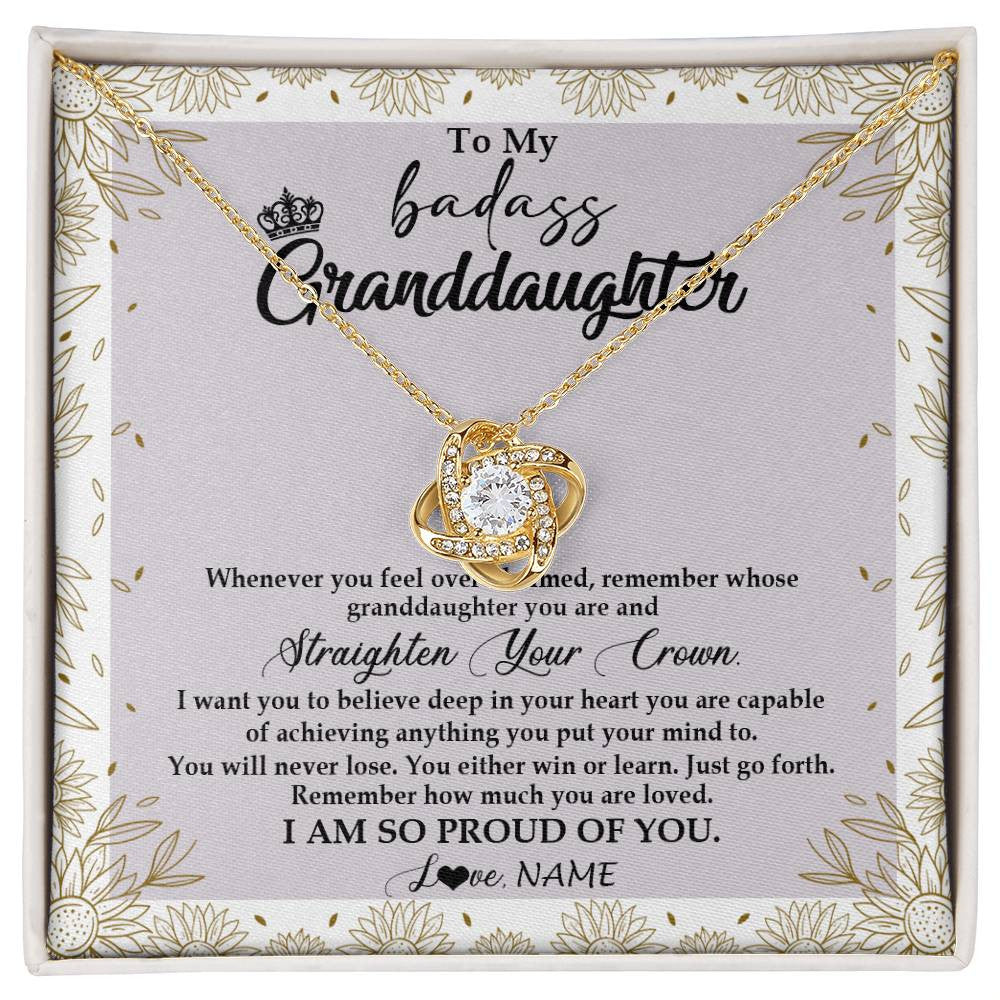 Love Knot Necklace 18K Yellow Gold Finish | Personalized To My Granddaughter Necklace From Grandma Nana Straighten Your Crown Granddaughter Birthday Graduation Christmas Customized Gift Box Message Card | siriusteestore