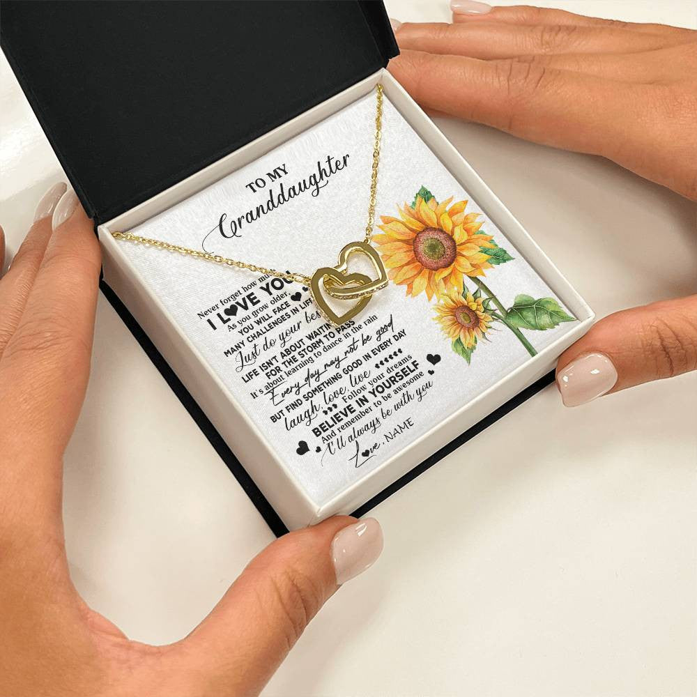 Interlocking Hearts Necklace 18K Yellow Gold Finish | 2 | Personalized To My Granddaughter Necklace From Grandma Nana Sunflower Wood Laugh Love Live Granddaughter Birthday Christmas Customized Gift Box Message Card | siriusteestore