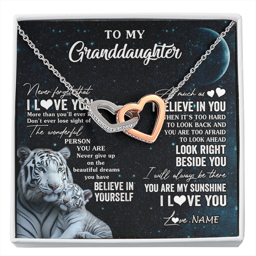 Interlocking Hearts Necklace Stainless Steel & Rose Gold Finish | 1 | Personalized To My Granddaughter Necklace From Grandma Never Forget I Love You White Tiger Granddaughter Birthday Christmas Customized Gift Box Message Card | siriusteestore