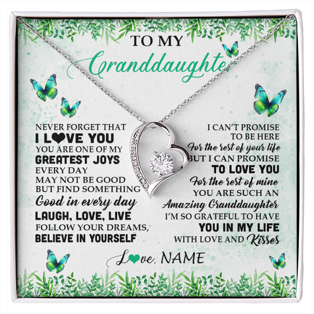 Forever Love Necklace 14K White Gold Finish | 1 | Personalized To My Granddaughter Necklace From Grandma Papa Butterfly Laugh Love Live Birthday Motivational Quote Christmas Customized Gift Box Message Card | siriusteestore