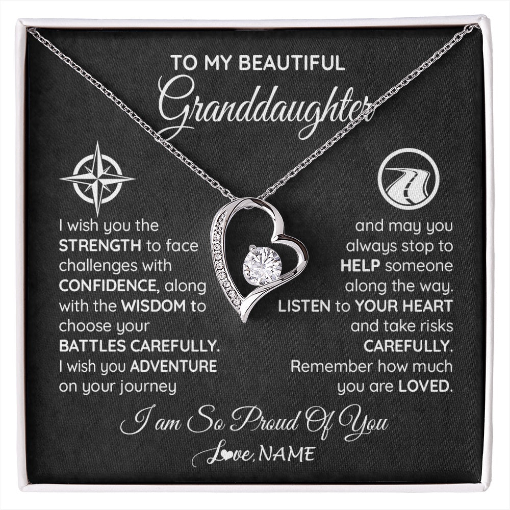 Forever Love Necklace 14K White Gold Finish | 1 | Personalized To My Granddaughter Necklace From Grandma Papa I Wish You The Strength Birthday Graduation Inspirational Customized Gift Box Message Card | siriusteestore.myshopify