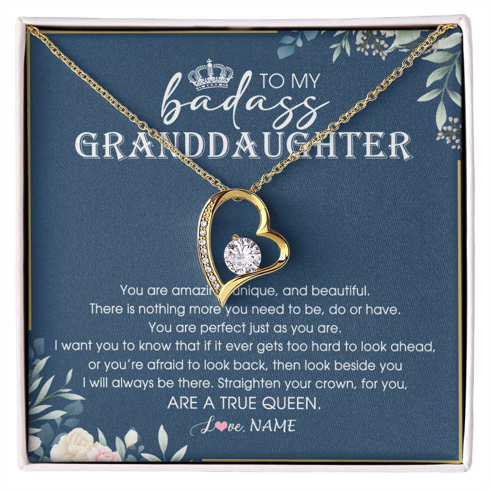 Forever Love Necklace 18K Yellow Gold Finish | 1 | Personalized To My Granddaughter Necklace From Grandma Straighten Your Crown Queen Granddaughter Jewelry Birthday Christmas Customized Gift Box Message Card | siriusteestore