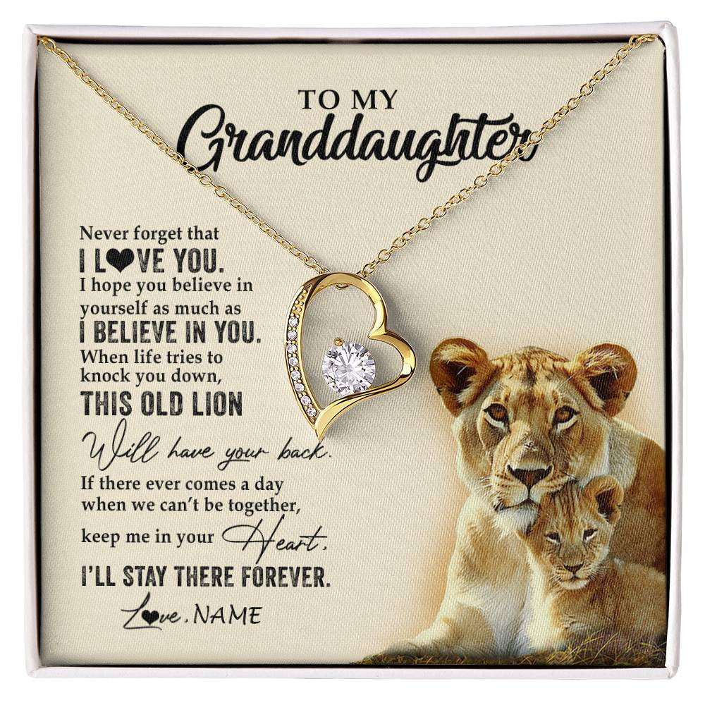 Forever Love Necklace 18K Yellow Gold Finish | 1 | Personalized To My Granddaughter Necklace From Grandma This Old Lion Never Forget I Love You Jewelry Birthday Christmas Customized Gift Box Message Card | siriusteestore