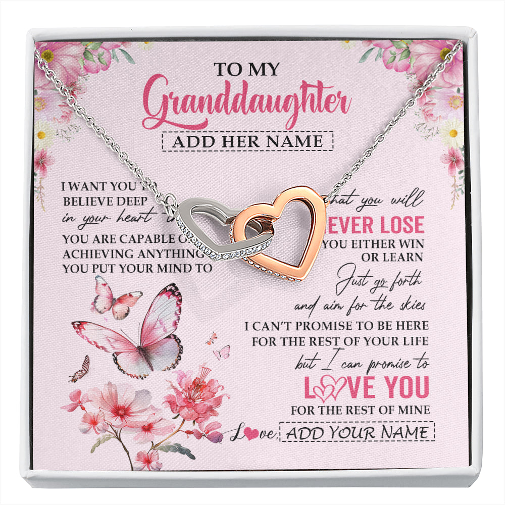 Interlocking Hearts Necklace Stainless Steel & Rose Gold Finish | 1 | Personalized To My Granddaughter Necklace From Grandma You Will Never Lose Butterfly Granddaughter Birthday Gifts Graduation Christmas Gift Box Message Card | siriusteestore