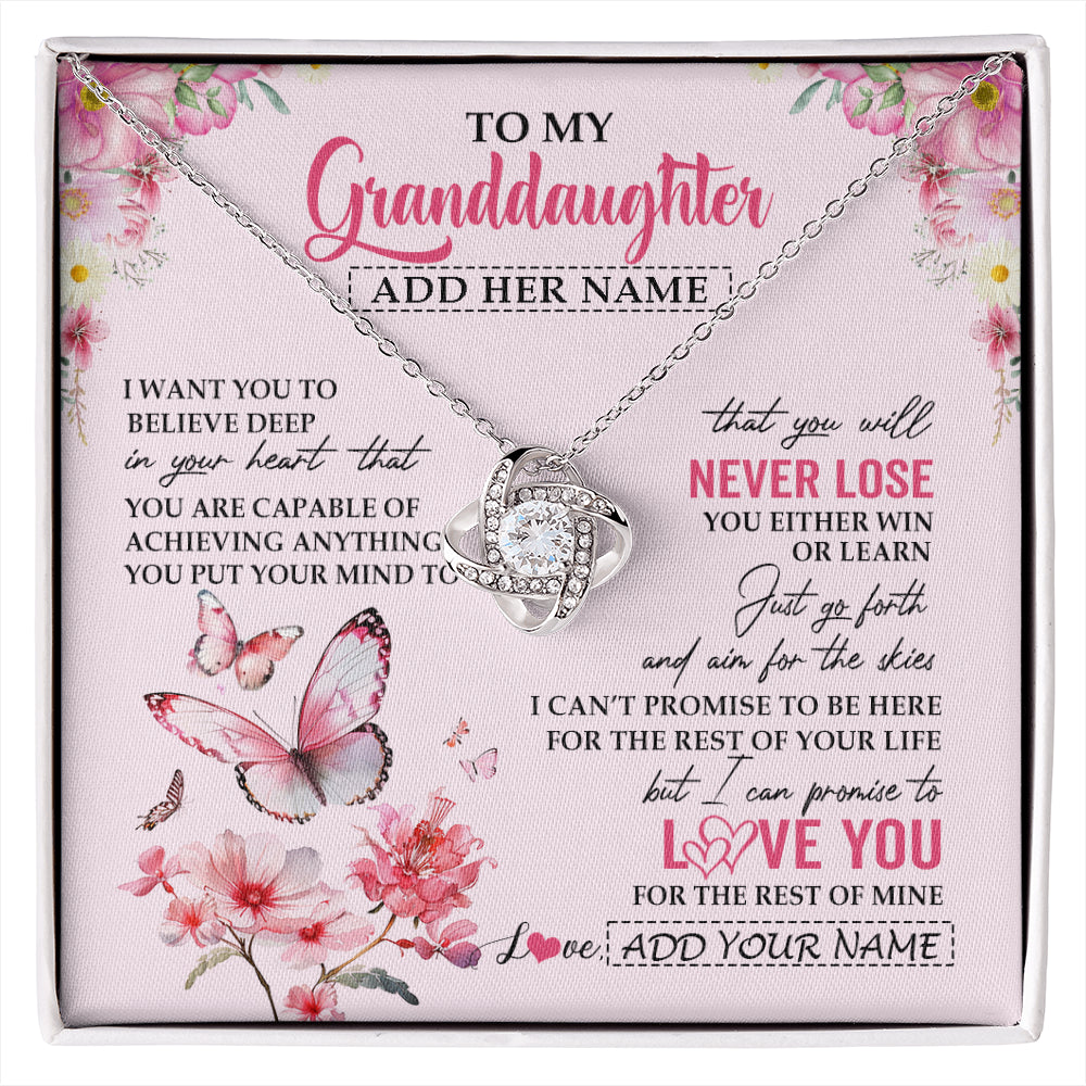 Love Knot Necklace 14K White Gold Finish | 1 | Personalized To My Granddaughter Necklace From Grandma You Will Never Lose Butterfly Granddaughter Birthday Gifts Graduation Christmas Gift Box Message Card | siriusteestore