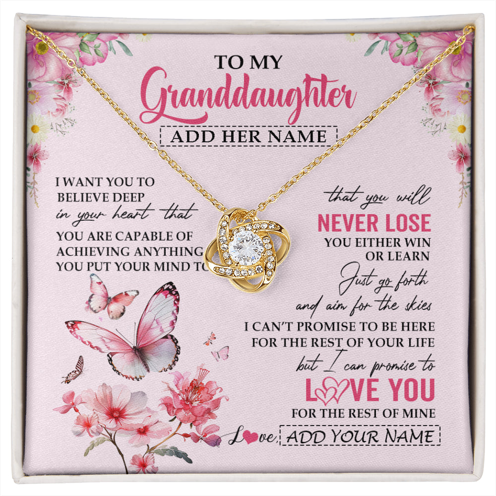 Love Knot Necklace 18K Yellow Gold Finish | 1 | Personalized To My Granddaughter Necklace From Grandma You Will Never Lose Butterfly Granddaughter Birthday Gifts Graduation Christmas Gift Box Message Card | siriusteestore