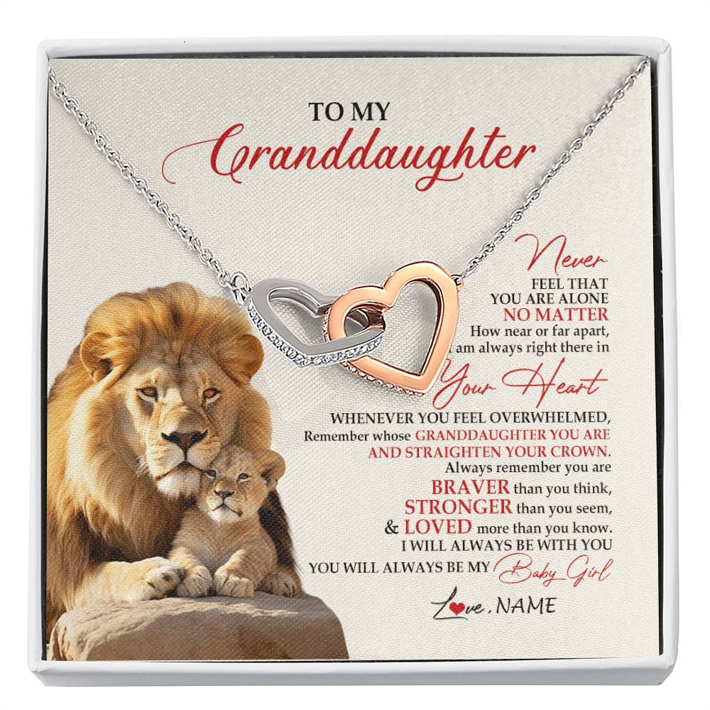 Interlocking Hearts Necklace Stainless Steel & Rose Gold Finish | 1 | Personalized To My Granddaughter Necklace From Grandpa Nana Never Feel You Are Alone Lion Granddaughter Birthday Christmas Customized Message Card | siriusteestore