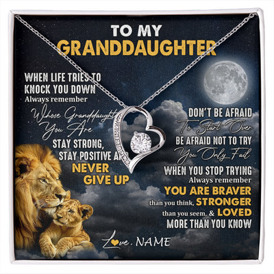 Forever Love Necklace 14K White Gold Finish | 1 | Personalized To My Granddaughter Necklace From Papa Grandpa Lion Never Give Up Granddaughter Birthday Graduation Christmas Customized Gift Box Message Card | siriusteestore