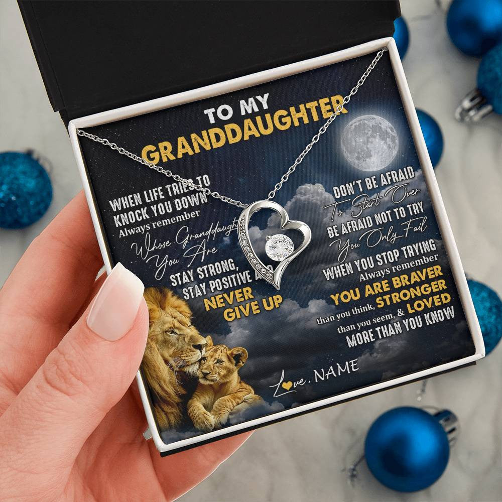 Forever Love Necklace 14K White Gold Finish | 2 | Personalized To My Granddaughter Necklace From Papa Grandpa Lion Never Give Up Granddaughter Birthday Graduation Christmas Customized Gift Box Message Card | siriusteestore