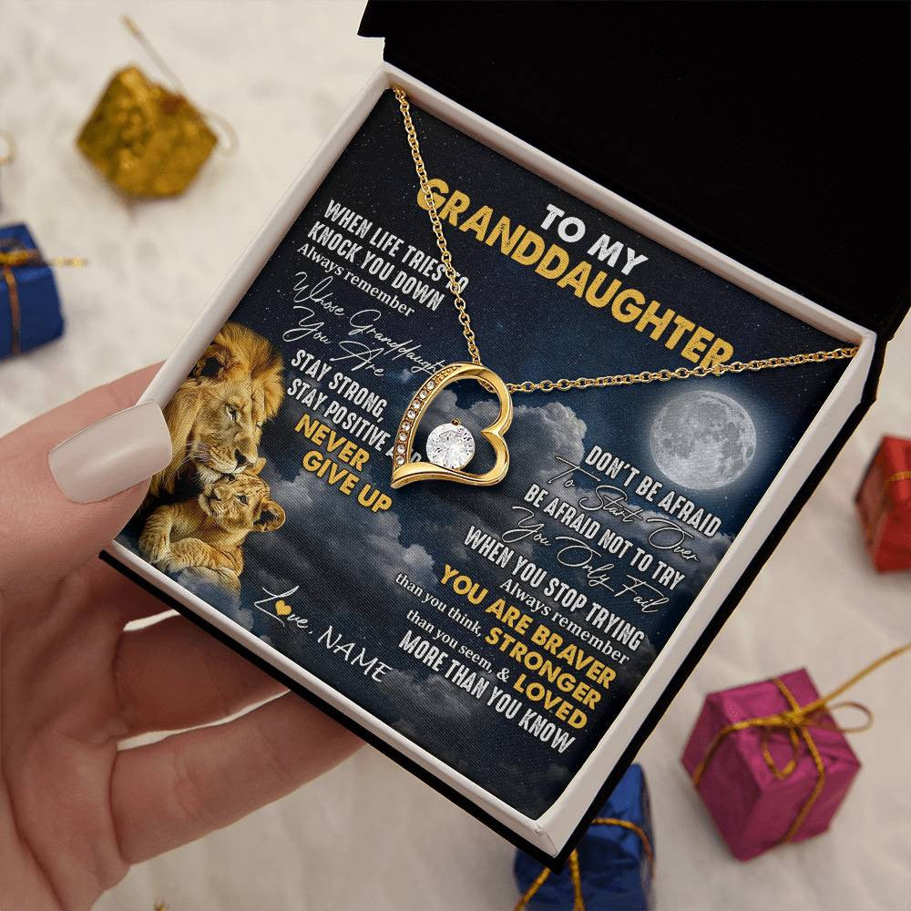 Forever Love Necklace 18K Yellow Gold Finish | 2 | Personalized To My Granddaughter Necklace From Papa Grandpa Lion Never Give Up Granddaughter Birthday Graduation Christmas Customized Gift Box Message Card | siriusteestore