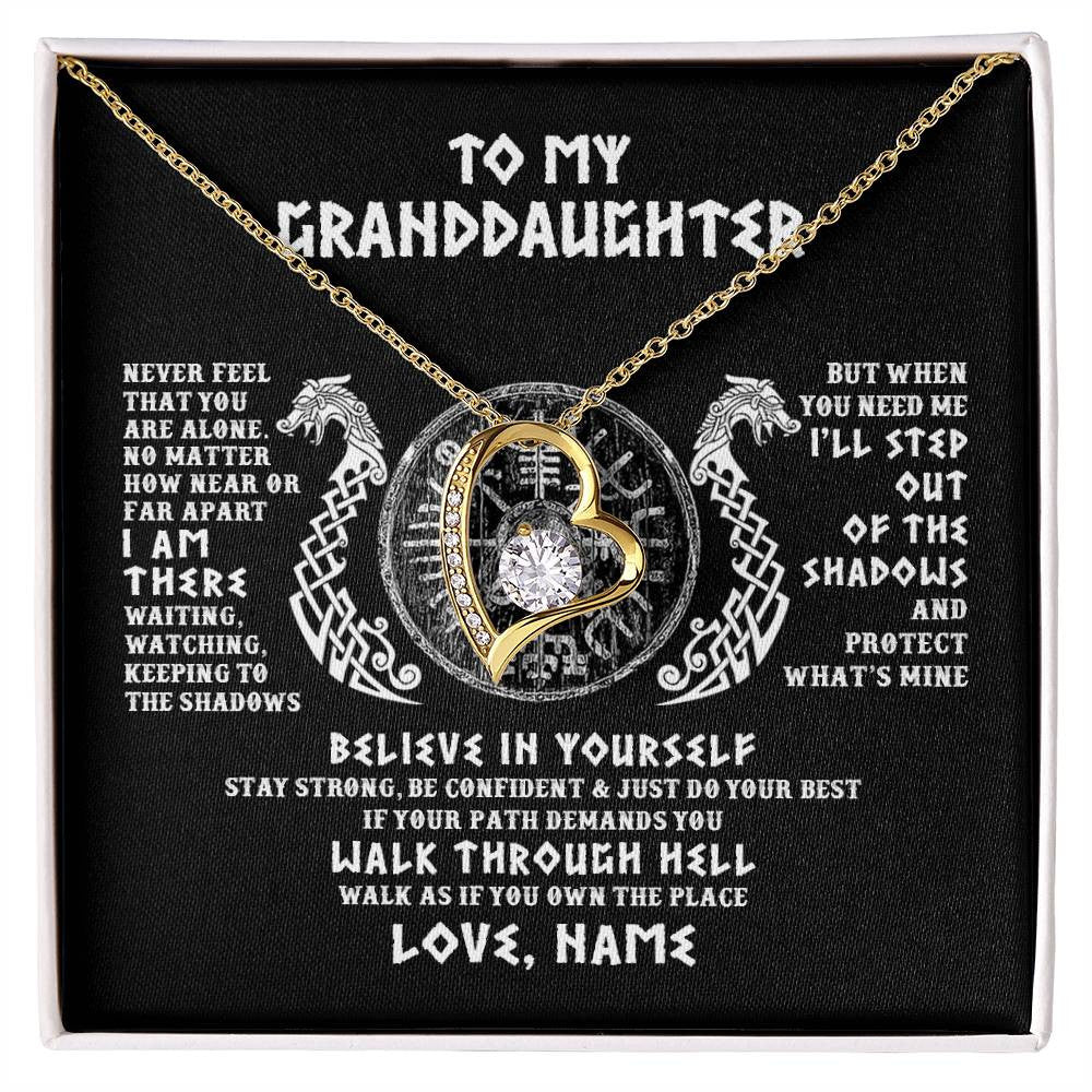 Forever Love Necklace 18K Yellow Gold Finish | 1 | Personalized To My Granddaughter Necklace Viking Never Feel You Are Alone Odin Scandinavian Norse Runes Birthday Christmas Customized Gift Box Message Card | siriusteestore