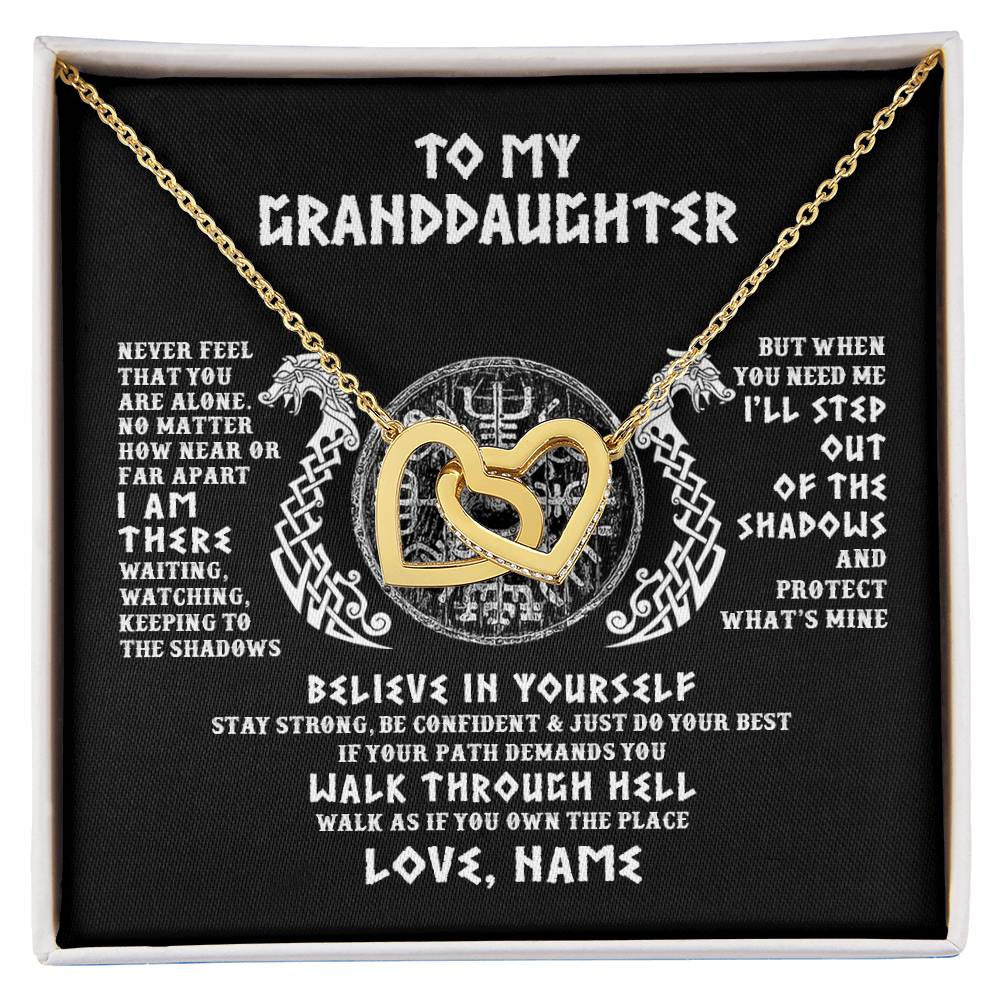 Interlocking Hearts Necklace 18K Yellow Gold Finish | 1 | Personalized To My Granddaughter Necklace Viking Never Feel You Are Alone Odin Scandinavian Norse Runes Birthday Christmas Customized Gift Box Message Card | siriusteestore
