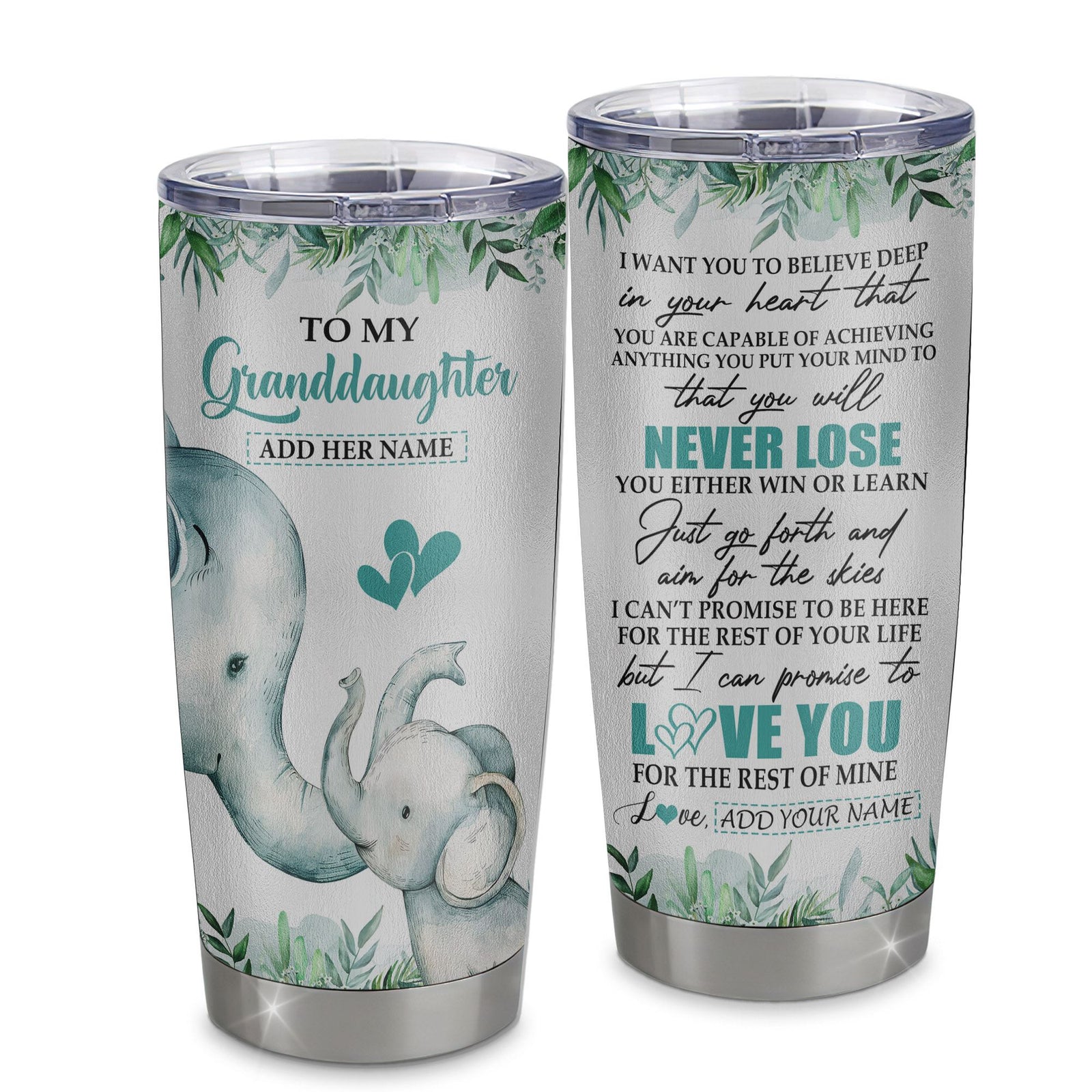 Personalized To My Granddaughter Tumbler From Grandma Grandpa You Will Never Lose Elephant Granddaughter Birthday Gifts Christmas Custom Stainless Steel Cup Travel Mug | siriusteestore