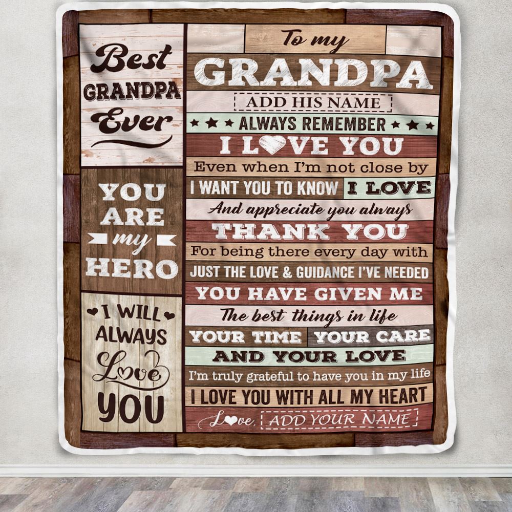 Personalized To My Grandpa Blanket Fathers Day Grandpa Gifts From Grandkids Wood Always Remember I Love You Birthday Gifts Christmas Customized Fleece Blanket | siriusteestore