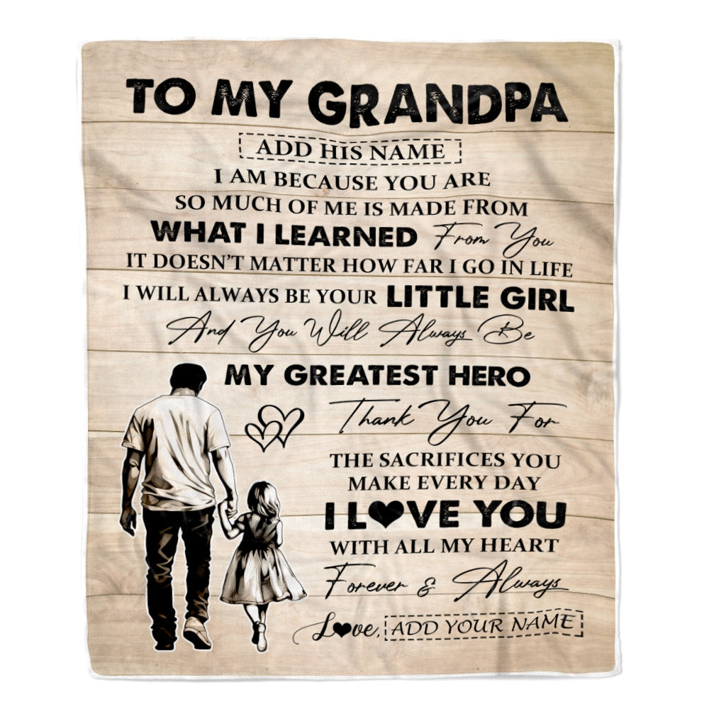 Personalized To My Grandpa Gifts Blanket From Granddaughter Thank You My Hero Grandpa Birthday Gift Fathers Day Thanksgiving Christmas Custom Fleece Blanket | siriusteestore