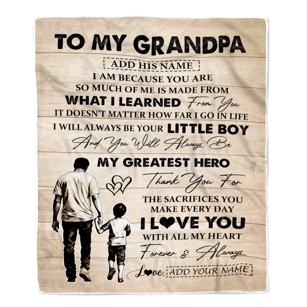 Personalized To My Grandpa Gifts Blanket From Grandson Thank You My Hero Grandpa Birthday Gift Fathers Day Thanksgiving Christmas Custom Fleece Throw Blanket | siriusteestore