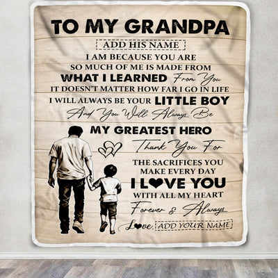Personalized To My Grandpa Gifts Blanket From Grandson Thank You My Hero Grandpa Birthday Gift Fathers Day Thanksgiving Christmas Custom Fleece Throw Blanket | siriusteestore