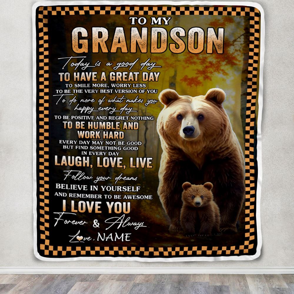 Personalized To My Grandson Bear Blanket From Grandma Grandpa Every Day Laugh Love Live Grandson Birthday Gifts Christmas Customized Fleece Throw Blanket | siriusteestore