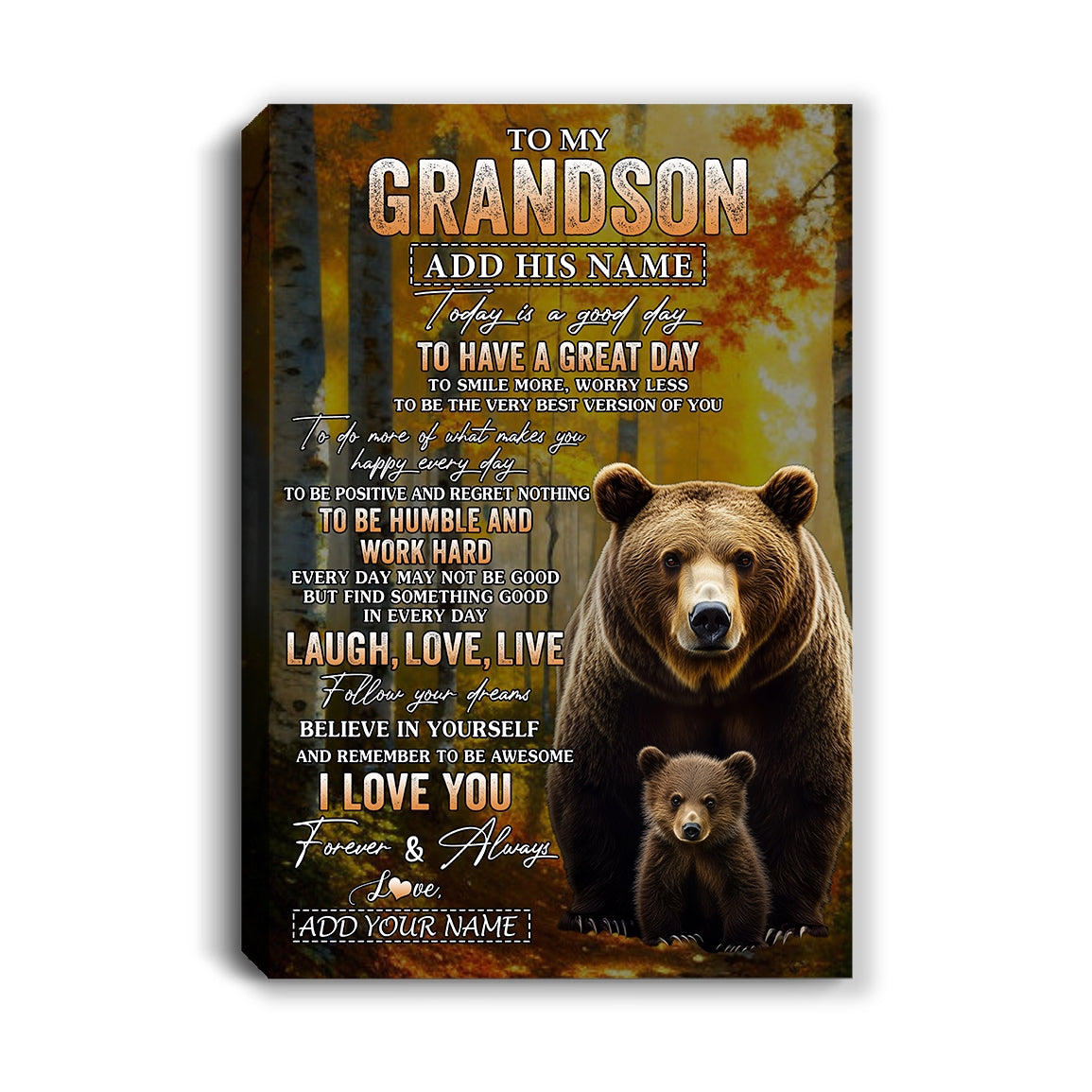 Personalized To My Grandson Bear Canvas From Grandma Grandpa Every Day Laugh Love Live Grandson Birthday Gifts Christmas Custom Wall Art Framed Canvas | siriusteestore