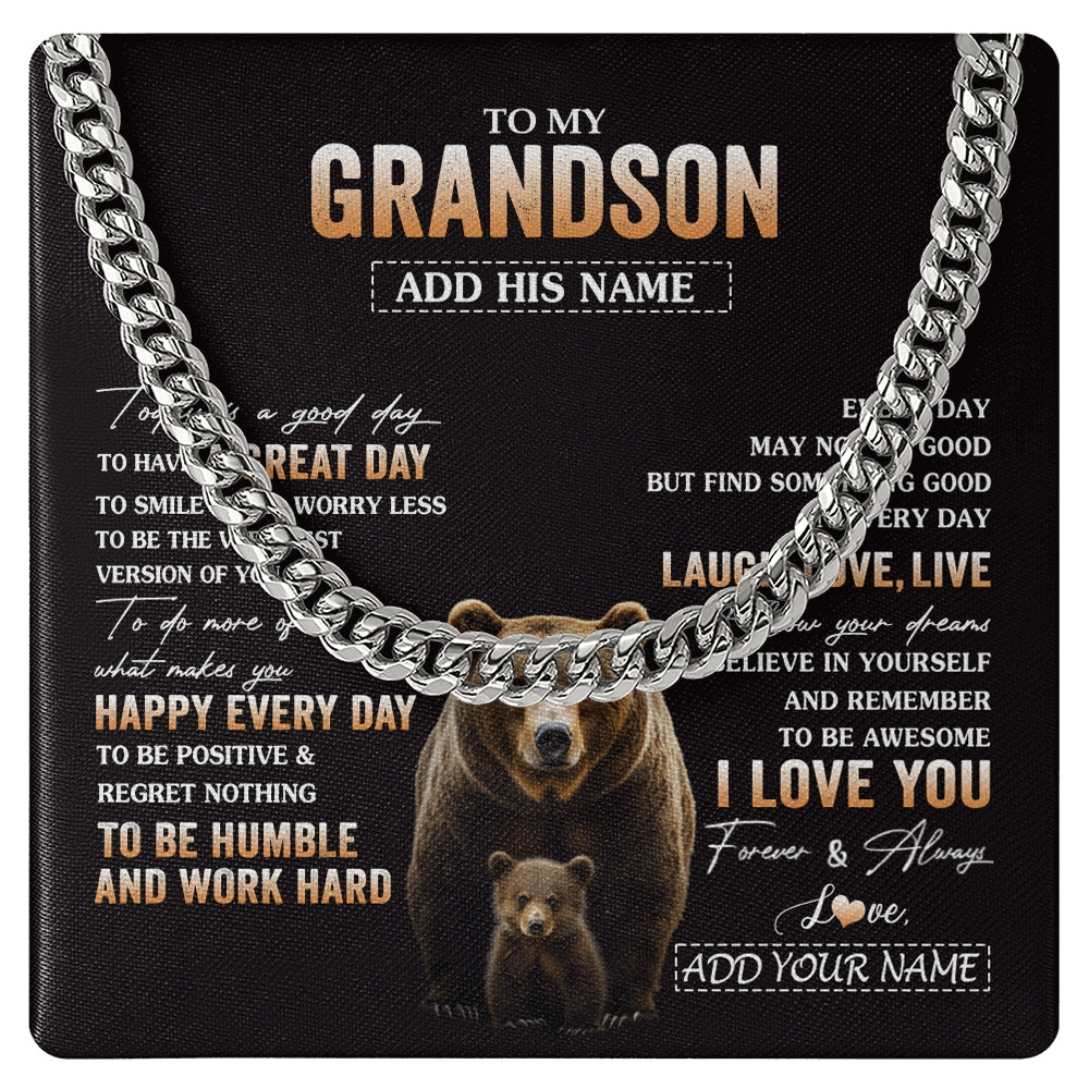 Cuban Link Chain Necklace Stainless Steel | 1 | Personalized To My Grandson Bear Necklace From Grandma Grandpa Every Day Laugh Love Live Grandson Birthday Gifts Christmas Custom Gift Box Message Card | https://siriusteestore.