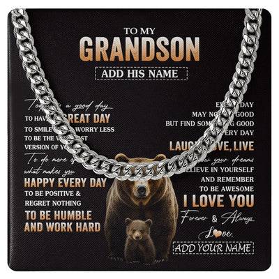 Cuban Link Chain Necklace Stainless Steel | 1 | Personalized To My Grandson Bear Necklace From Grandma Grandpa Every Day Laugh Love Live Grandson Birthday Gifts Christmas Custom Gift Box Message Card | https://siriusteestore.