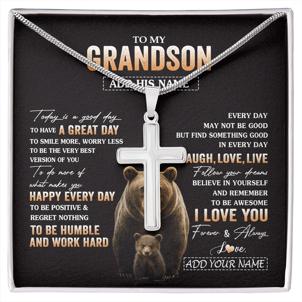 Stainless Cross Necklace Stainless Steel | 1 | Personalized To My Grandson Bear Necklace From Grandma Grandpa Every Day Laugh Love Live Grandson Birthday Gifts Christmas Custom Gift Box Message Card | https://siriusteestore.
