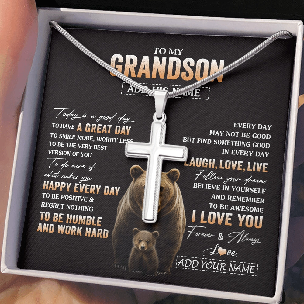 Stainless Cross Necklace Stainless Steel | 2 | Personalized To My Grandson Bear Necklace From Grandma Grandpa Every Day Laugh Love Live Grandson Birthday Gifts Christmas Custom Gift Box Message Card | https://siriusteestore.