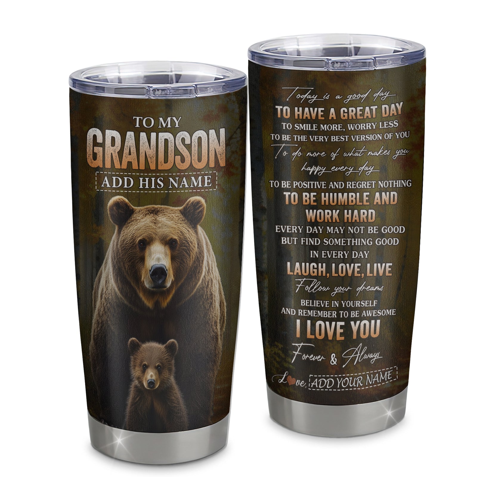 Personalized To My Grandson Bear Tumbler From Grandma Grandpa Every Day Laugh Love Live Grandson Birthday Gifts Christmas Custom Stainless Steel Travel Mug | siriusteestore