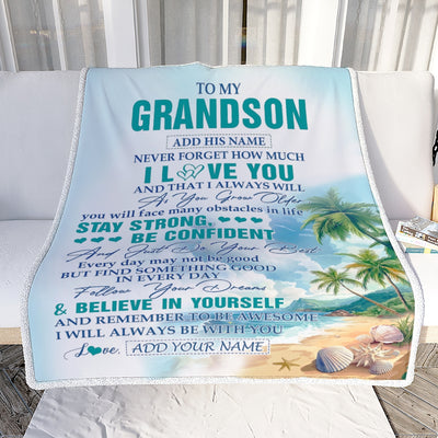 Personalized To My Grandson Blanket Beach I Love You Forever From Grandma Grandpa Grandson Birthday Gifts Christmas Graduation Customized Fleece Blanket | siriusteestore