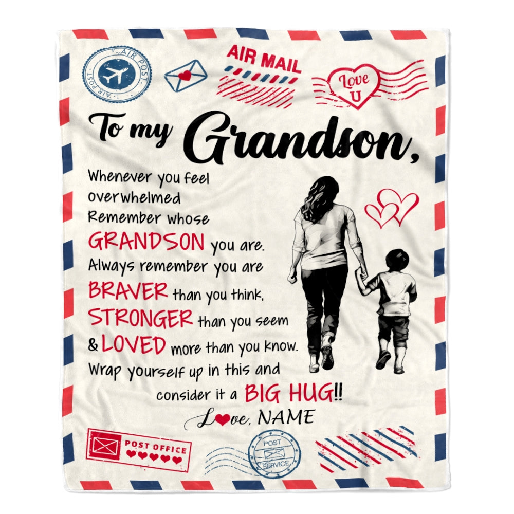 Personalized To My Grandson Blanket From Grandma Gigi Braver Stronger Loved Airmail Grandson Birthday Graduation Christmas Customized Fleece Throw Blanket | siriusteestore