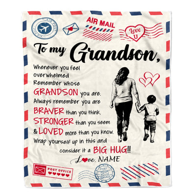 Personalized To My Grandson Blanket From Grandma Gigi Braver Stronger Loved Airmail Grandson Birthday Graduation Christmas Customized Fleece Throw Blanket | siriusteestore